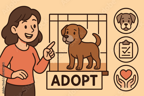 Senior Dog Adoption. Cartoon-style horizontal panel showing woman choosing senior dog and special adoption icon set for gray
