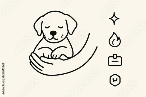 Puppy Bond Icons. Minimalist vector strip with puppy in arms and bond icon set for warmth lines, trust icon, name tag and sparkle.