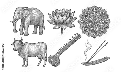 Intricate indian elements: lotus, elephant, cow, mandala, sitar, incense in detailed sketches