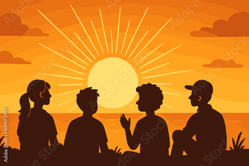 Golden Sunrise Spectators. Cartoon-style horizontal panel showing spectators at sunrise and golden hour icon set for sun burst,
