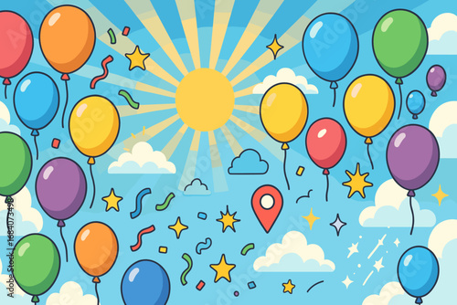 Colorful Balloon Festival. Cartoon-style banner depicting colorful balloons filling the sky and spectacle icon set for confetti,