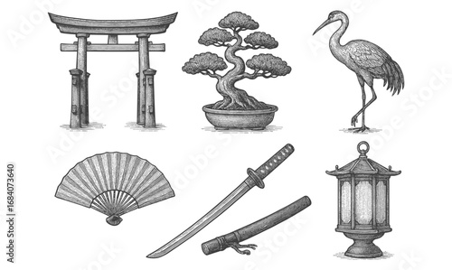 Traditional japanese elements in detailed hand-drawn style