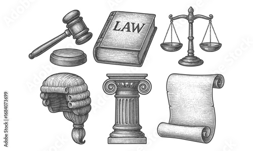 Vintage courtroom elements: gavel, law book, scales, and more in engraving style
