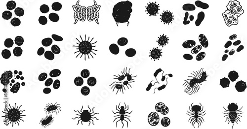 vector set of Immune system cells icons set. Set of simple black and white virus and bacteria icons showing different microorganisms causing diseases
