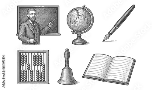 Vintage education tools: chalkboard, globe, abacus, bell, and pen engravings
