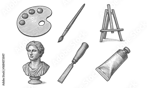 Timeless art tools and sculpture sketch: palette, easel, bust, brush, tube
