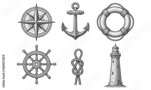 Detailed nautical icons: compass, anchor, lifebuoy, wheel, knot, lighthouse