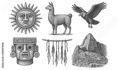 Traditional peruvian elements with inca mask, sun, llama, eagle, and machu picchu in retro style