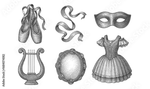 Intricate sketch of ballet shoes, mask, tambourine, and dress with classical musical elements