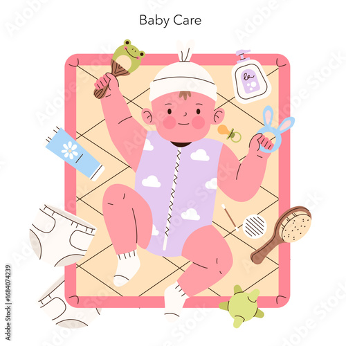 Baby Care Essentials with Happy Infant Vector Illustration