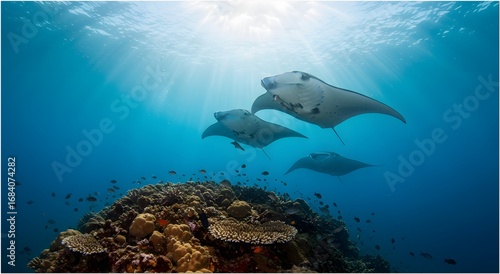 Reef Manta Rays Glide Through Sunbeams at a Cleaning Station in Raja Ampat