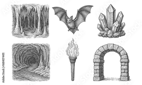 Hand drawn cave elements with bat, crystals, torch, and stone archway