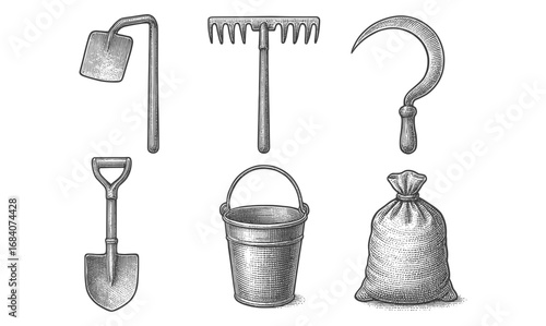 Vintage farming tools collection featuring shovel, rake, sickle, and more