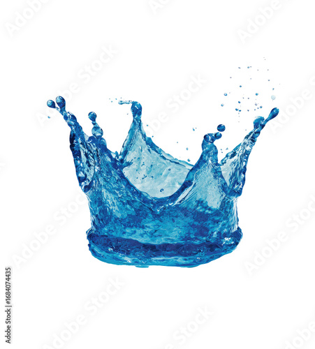 Splashing water crown.  A vibrant blue water splash, shaped like a crown, against a pure black background.  Water droplets are dispersed outward