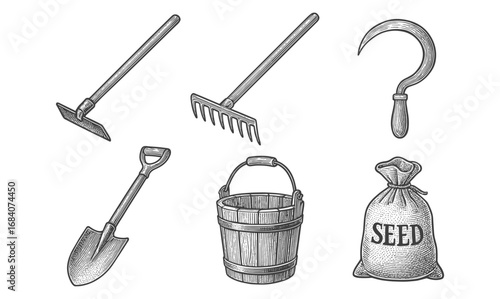 Vintage farming tools with seed bag on white background