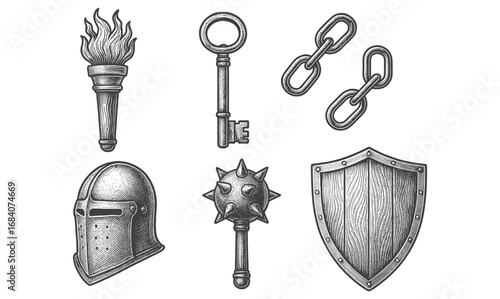 Vintage medieval objects collection: torch, key, chains, helmet, mace, shield