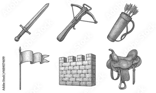 Medieval weapons and symbols in vintage engraving style