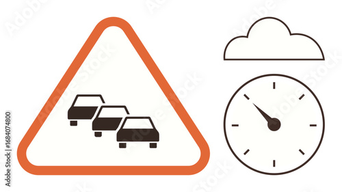 Three cars in a triangle warning sign, clock with needle, and cloud suggest traffic, time, and delay. Ideal for traffic management, delay awareness, punctuality, transportation commuting road