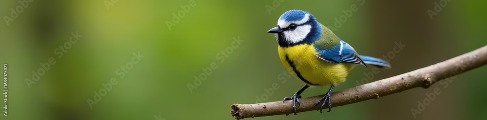 Obraz premium A blue tit perches on a twig in a tree branch, its feathers a vibrant shade of blue and yellow, purple, twig