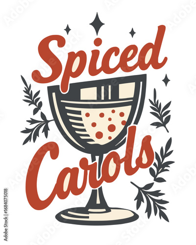 Mulled wine glass singing carols, festive logo, red beige