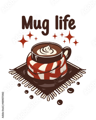 Mug life: hot chocolate wrapped in scarf, cozy cartoon, brown-red-
