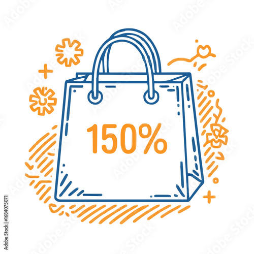 Shopping bag icon, line illustration, orange and blue, sale promotion-