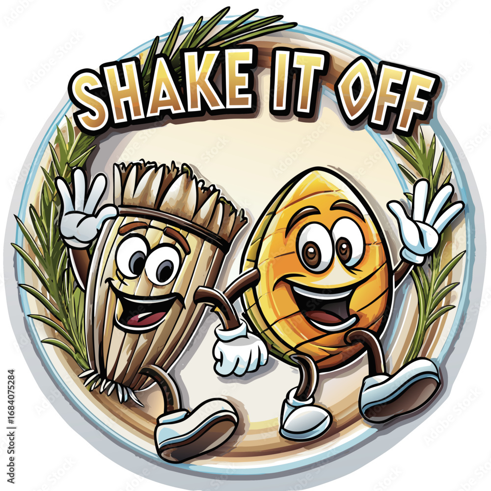 Fototapeta premium Lulav and Etrog cheerfully shake it off inside a circular badge