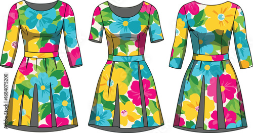 floral print dress design three views of a colorful summer dress