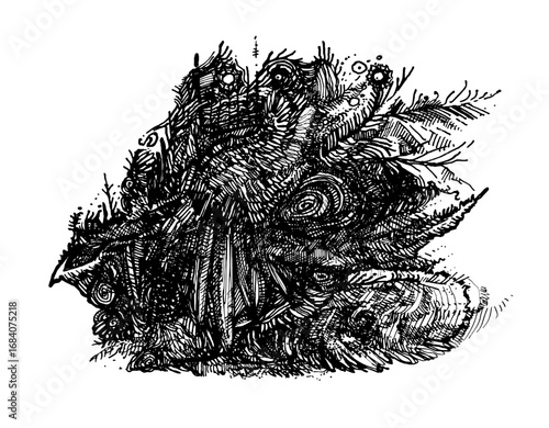 An intricate and chaotic black and white ink drawing featuring a surreal, grotesque form with complex textures and organic shapes, creating a mysterious and detailed abstract artwork.