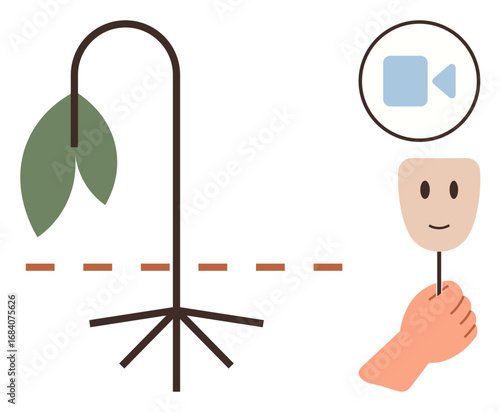 Wilting plant with a dashed line, smiling mask held near, video recording icon overhead. Ideal for mental health, hidden emotions, duality, self-care, deception, communication and simplicity