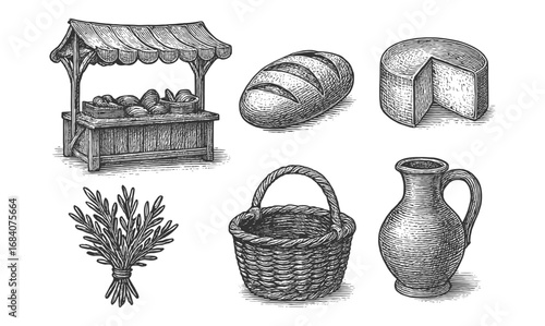 Rustic market elements with hand drawn bread, cheese, and earthenware
