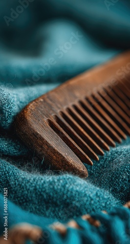 Close-up of a wooden comb on teal fabric