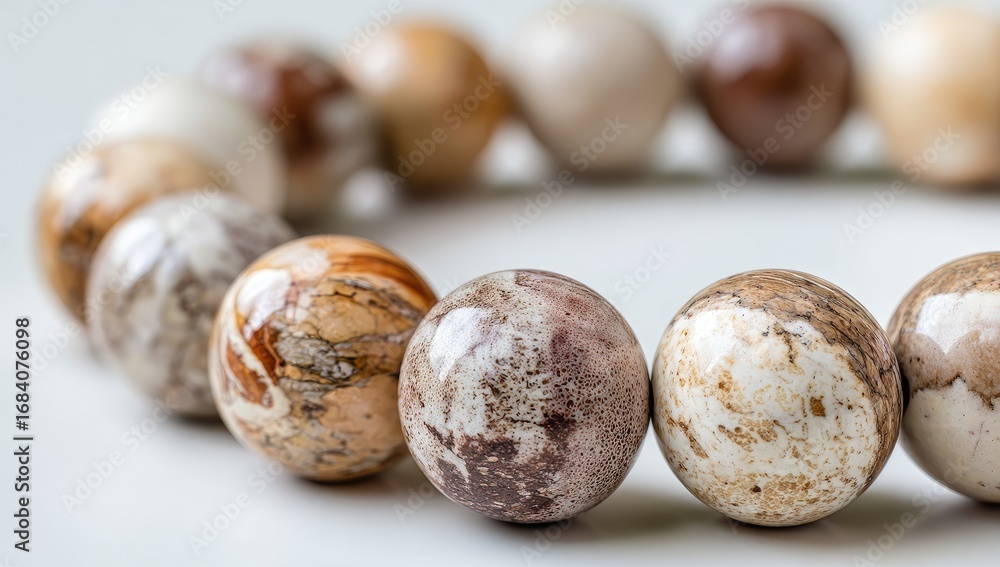 Obraz premium Close-up of a beaded bracelet. Round, polished stones in beige, tan, and brown hues, forming a circle. Soft light highlights the textures and variations in the stone patterns