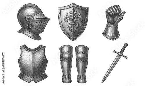 Medieval armor set with helmet, shield, and sword in vintage engraving style