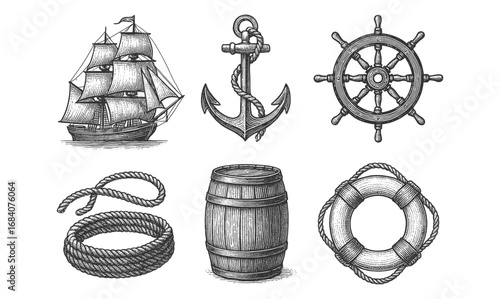 Vintage nautical elements with ship, anchor, and wheel in engraved style