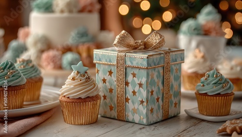 Festive cupcakes and a gift box.  Blurred Christmas decorations