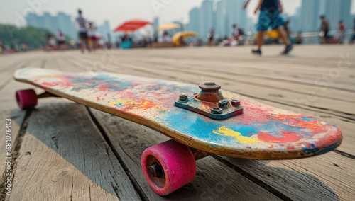 Colorful skateboard on a wooden pier. People relaxing in background
