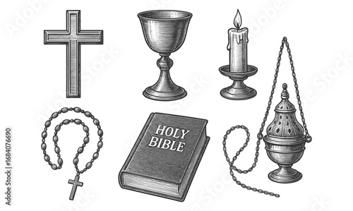 Vintage religious symbols: cross, chalice, candle, rosary, bible, censer