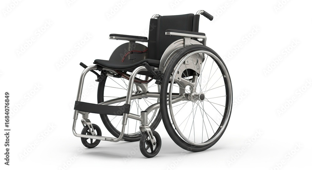 Fototapeta premium Modern Lightweight Black Manual Wheelchair on White Background for Mobility Assistance