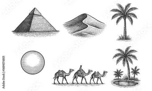 Desert journey: vintage engraving of pyramids, camels, and palms
