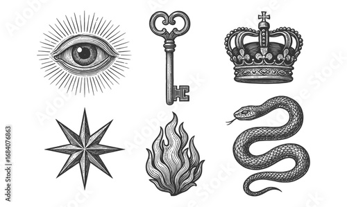 Vintage symbols: eye, key, crown, star, flame, and snake in retro style