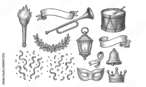 Vintage hand drawn festive icons with torch, mask, and musical instruments
