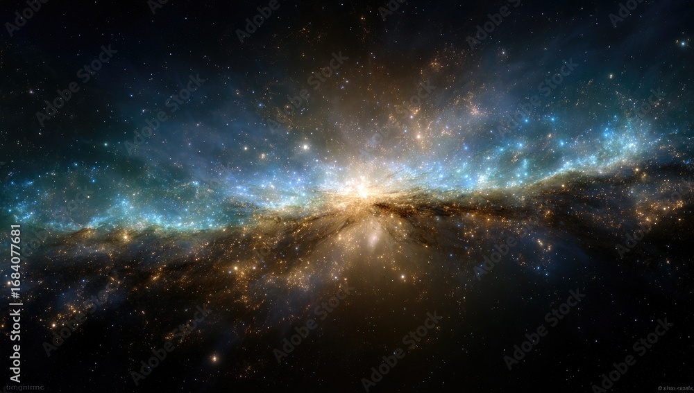 Fototapeta premium Cosmic nebula explosion. Vast expanse of space filled with swirling nebulae of vibrant colors, gold, blue, and orange. Bright star bursts illuminate the scene