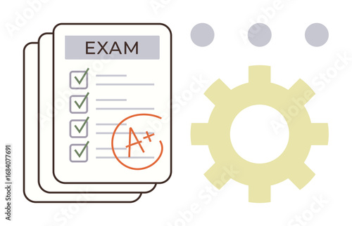 Exam paper with checkmarks and A grade next to gearwheel symbolizing achievement, productivity, and improvement. Ideal for education, success, evaluation, productivity, strategy, progress simple
