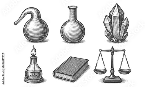 Vintage scientific objects: alchemy, chemistry, and balance in retro style