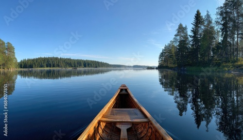 Wooden canoe on serene lake at dawn.  Peaceful morning vista
