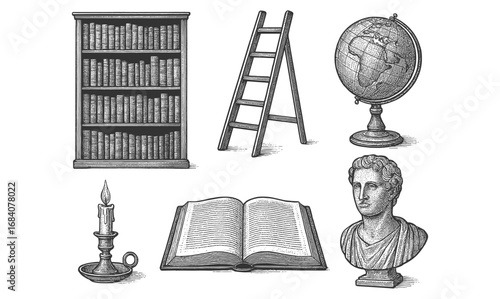 Vintage engraving of library essentials with books, ladder, and antique globe