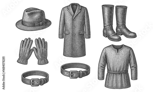 Vintage etching style classic men's fashion ensemble featuring coat, hat, boots, and accessories