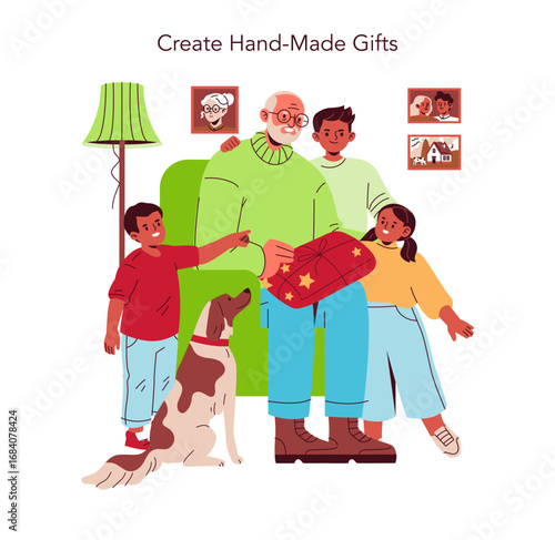 Family Celebrating with Hand-Made Gift Illustration
