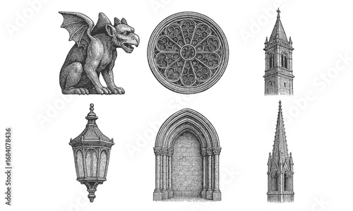 Intricate gothic architectural elements with gargoyle and rose window